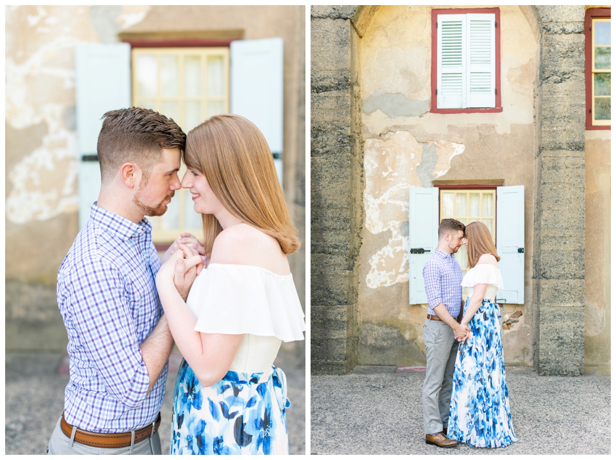 Couple holding hands during engagement session at Fonthill Castle in Doylestown, PA