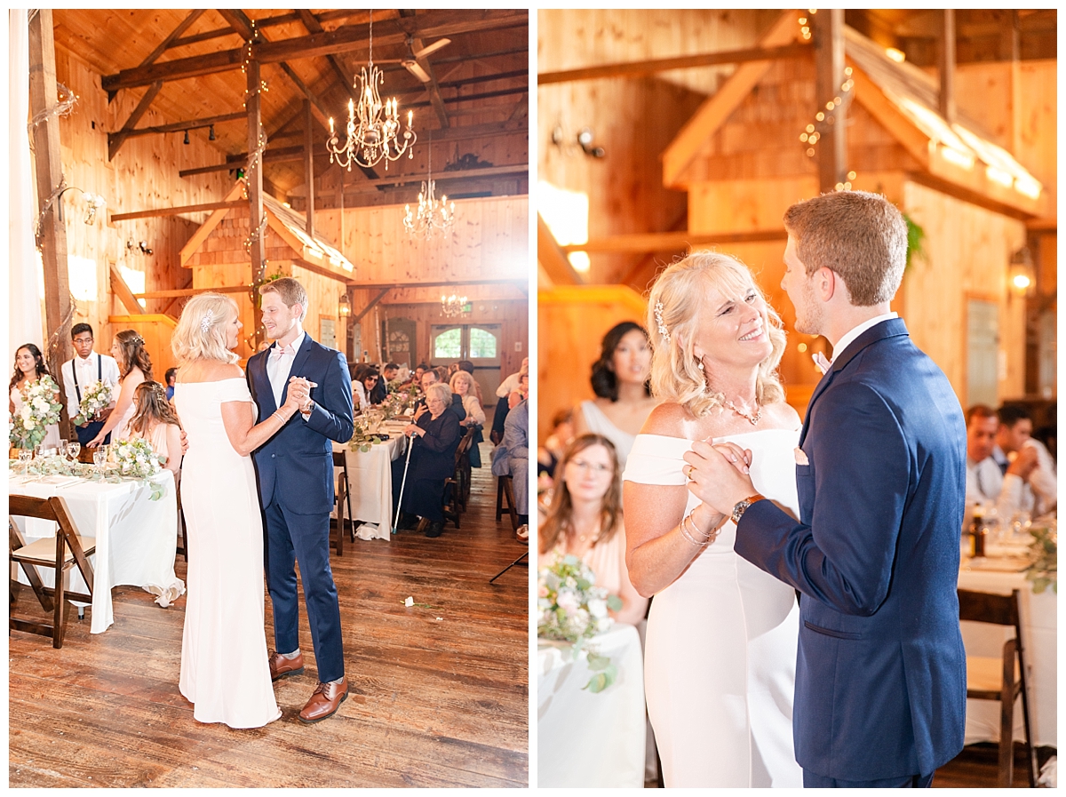 Mother and son wedding dance at elegant rustic wedding reception