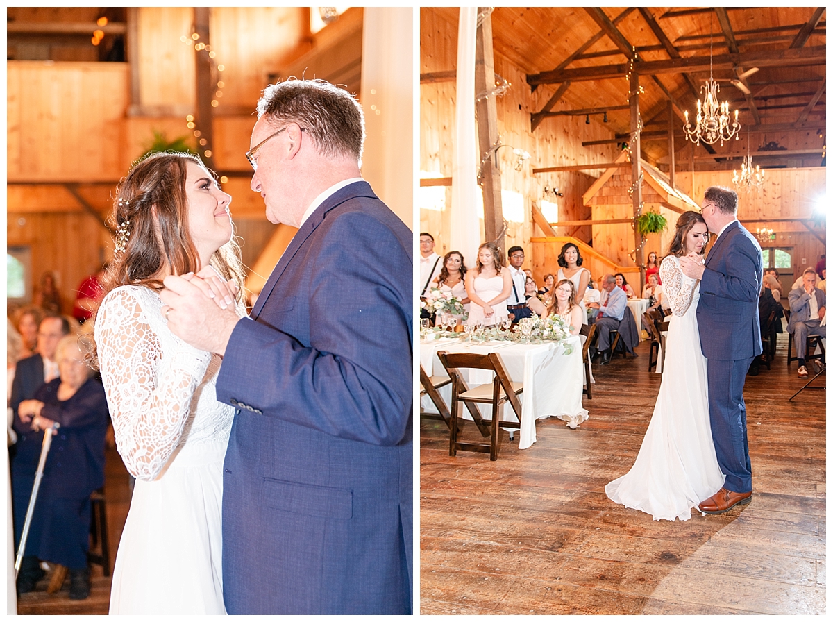 Father and daughter dance at barn, rustic wedding