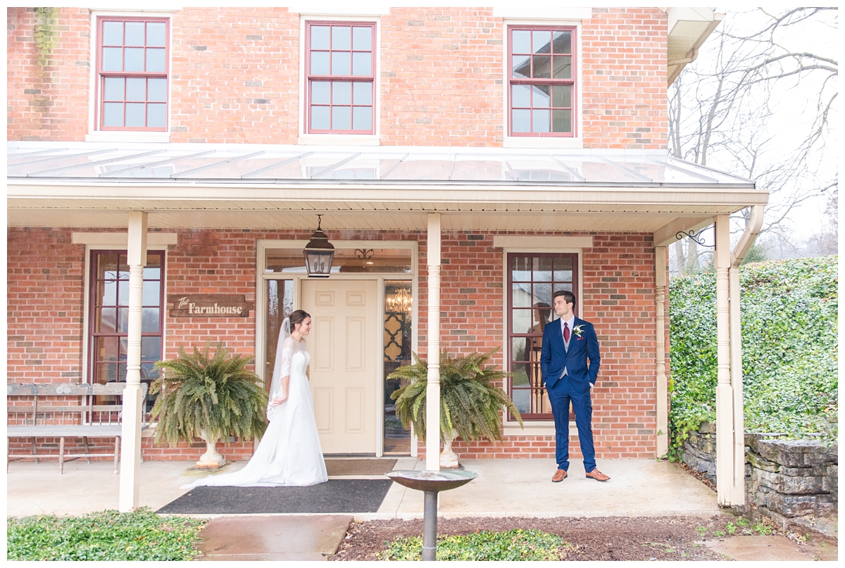 Bride and groom first look at Historic Acres of Hershey