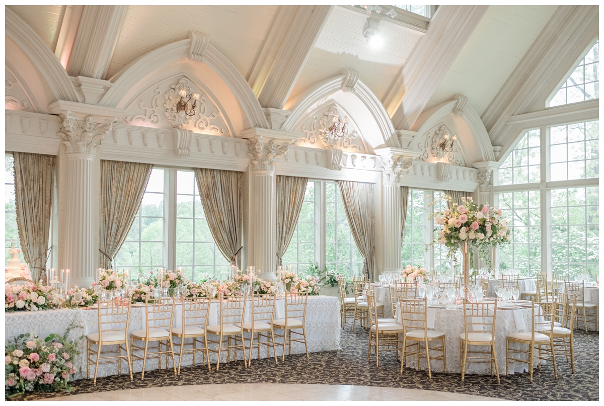 Grand Ballroom reception at Ashford Estate with elegant blush and gold decor