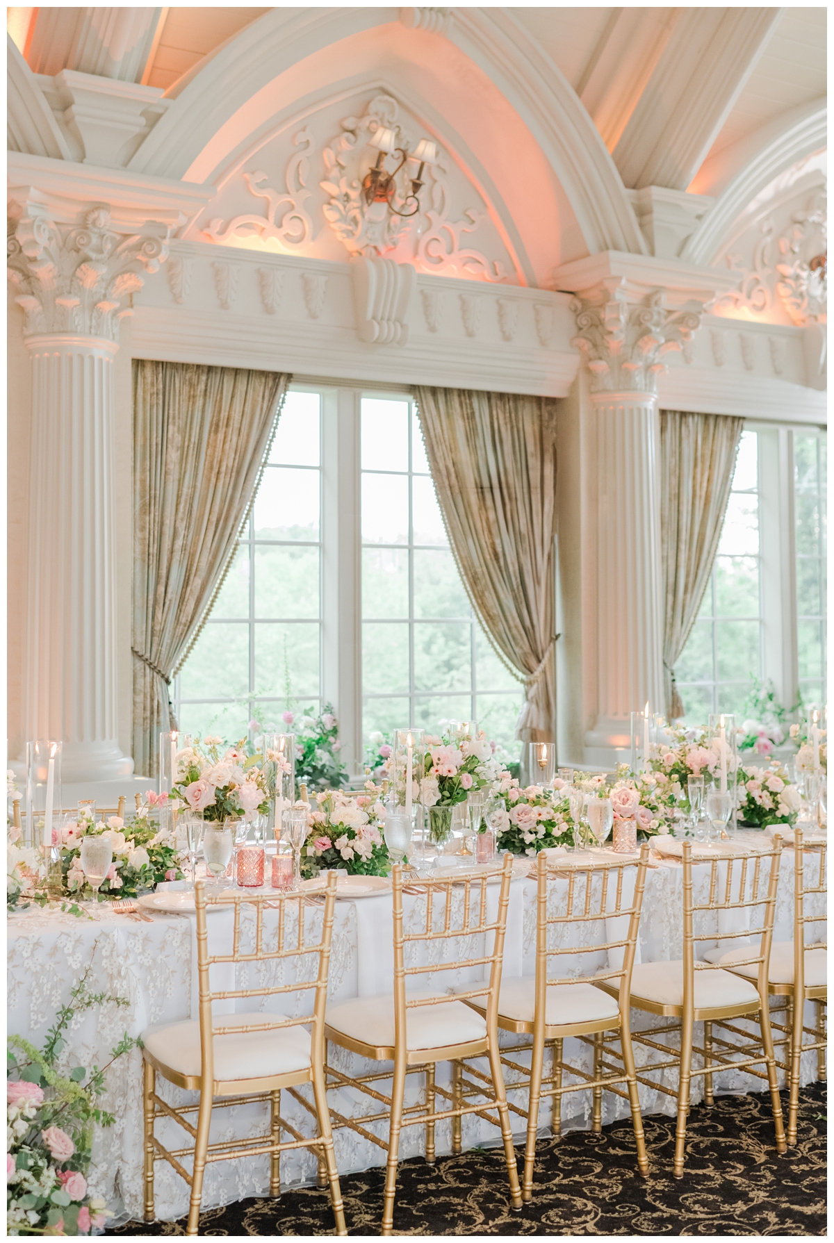 Grand Ballroom reception at Ashford Estate with elegant blush and gold decor