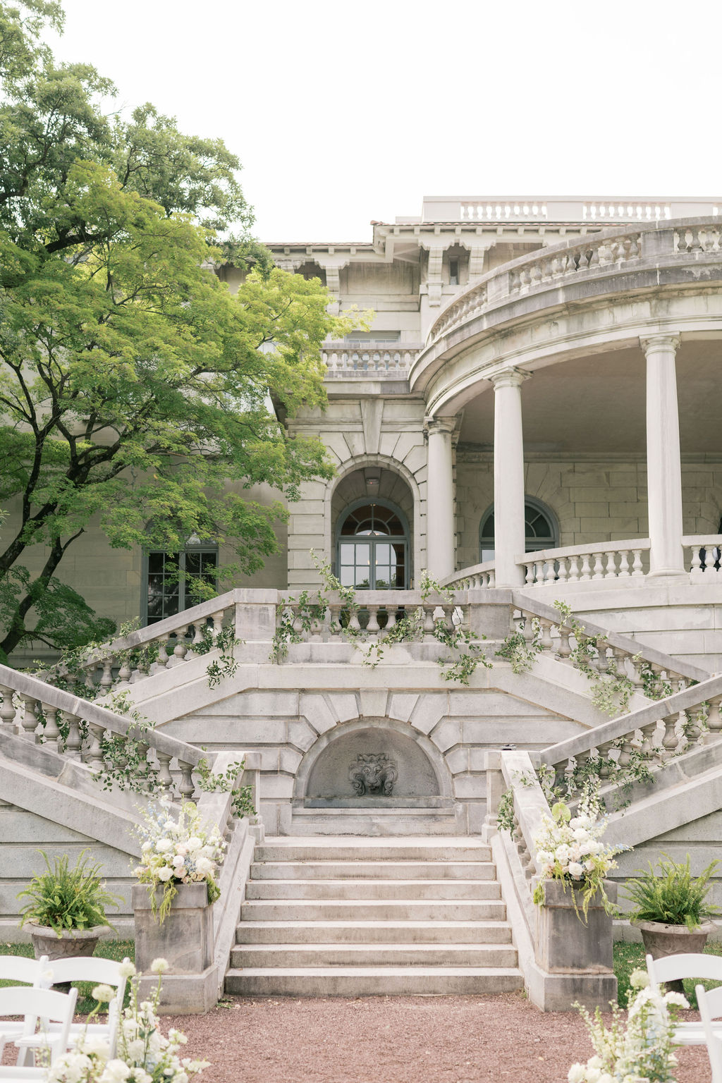 Double stairway behind Elkins Estate leading to wedding ceremony